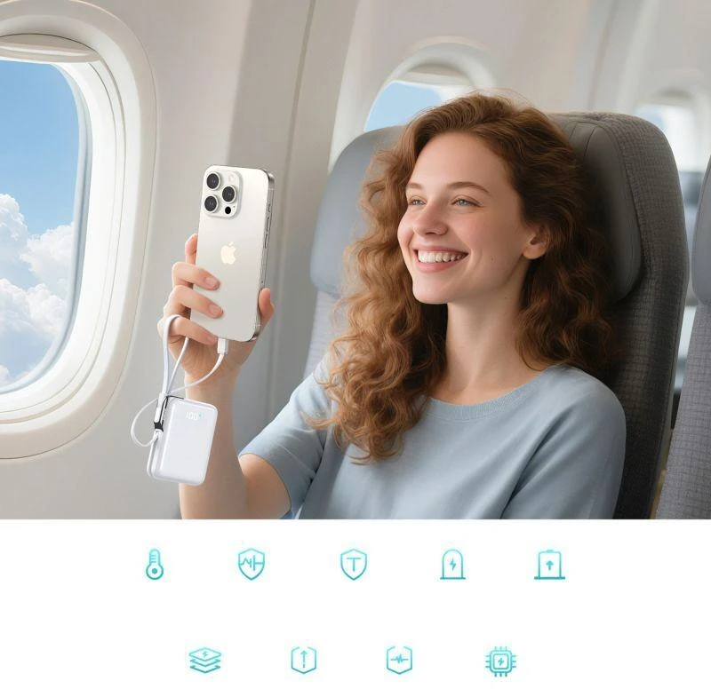 Joyroom JR-PBF27 Pro 10000mAh 30W išorinė baterija su integruotu USB-C laidu ir papildomu dvikrypčiu USB-C–Lightning laidu – balta
