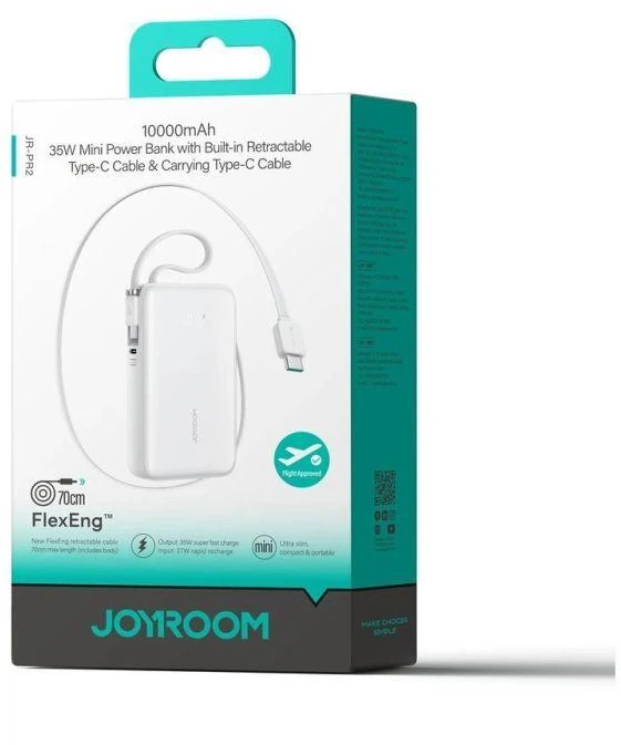 Joyroom JR-PR2 35W 10000mAh išorinė baterija su dviem integruotais USB-C laidais - Baltas