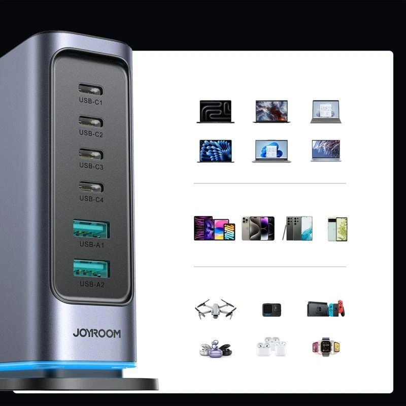 Joyroom JR-TCM02 Daugiaportis GaN įkroviklis 65W ES, 4x USB-C, 2x USB-A - Tamsiai pilkas