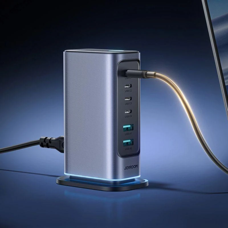 Joyroom JR-TCM02 Daugiaportis GaN įkroviklis 65W ES, 4x USB-C, 2x USB-A - Tamsiai pilkas