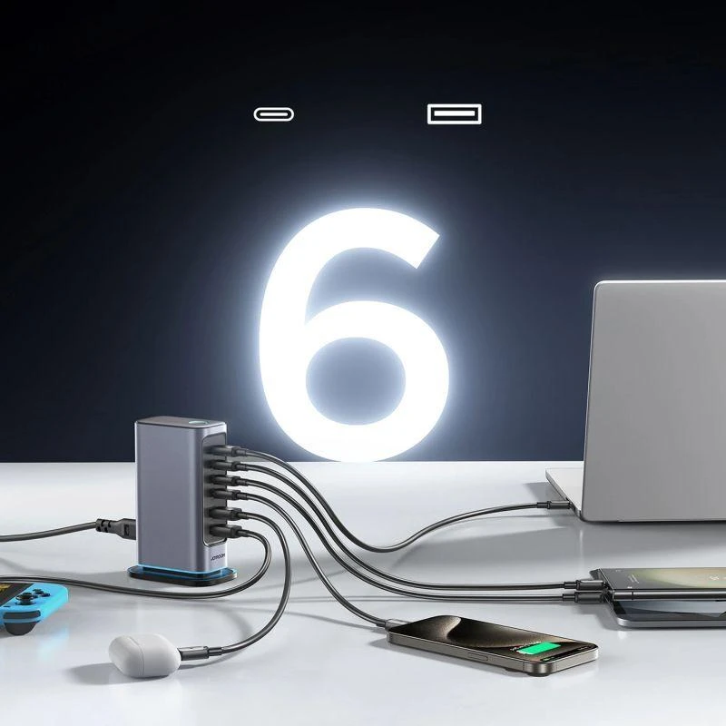 Joyroom JR-TCM02 Daugiaportis GaN įkroviklis 65W ES, 4x USB-C, 2x USB-A - Tamsiai pilkas