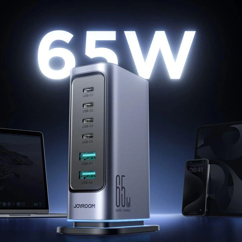Joyroom JR-TCM02 Daugiaportis GaN įkroviklis 65W ES, 4x USB-C, 2x USB-A - Tamsiai pilkas