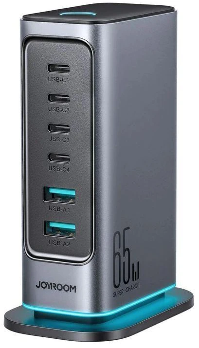 Įkroviklis Joyroom JR-TCM02 GaN 65W 4xUSB-C 2xUSB-A kištukas UK – pilkos spalvos