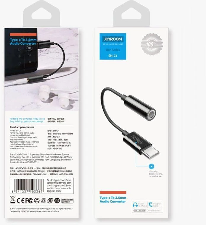 Joyroom SH-C1 ausinių 3,5 mm mini lizdas (moteriškas) / USB-C (vyriškas) adapteris - baltas