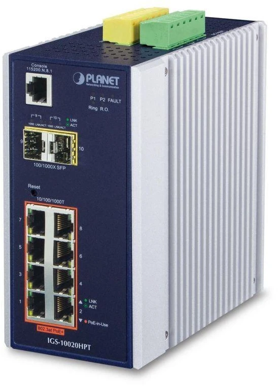 Planet IP30 L2/L4 SNMP valdomas 8 prievadų Gigabit POE+(AT) jungiklis + 2 prievadų Gigabit SFP pramoninis jungiklis (nuo -40 iki 75 C)