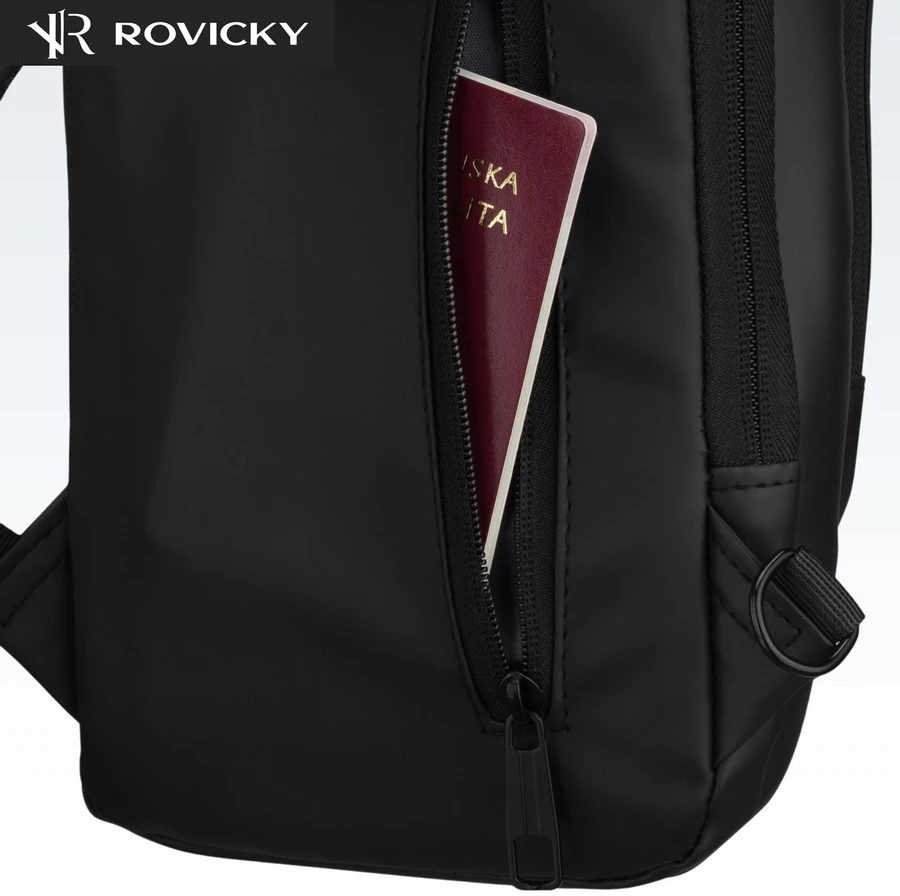 Juoda, pojemna saszetka vyriška na ramię wykonana ze skóry ekologicznej, wyposażona w port USB - Rovicky