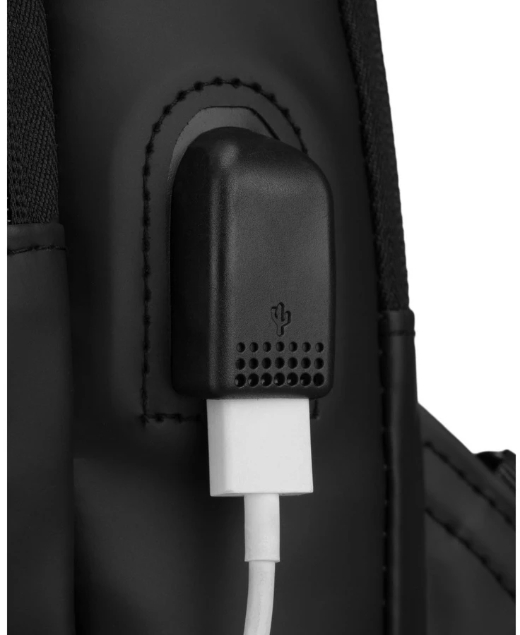 Juoda, pojemna saszetka vyriška na ramię wykonana ze skóry ekologicznej, wyposażona w port USB - Rovicky