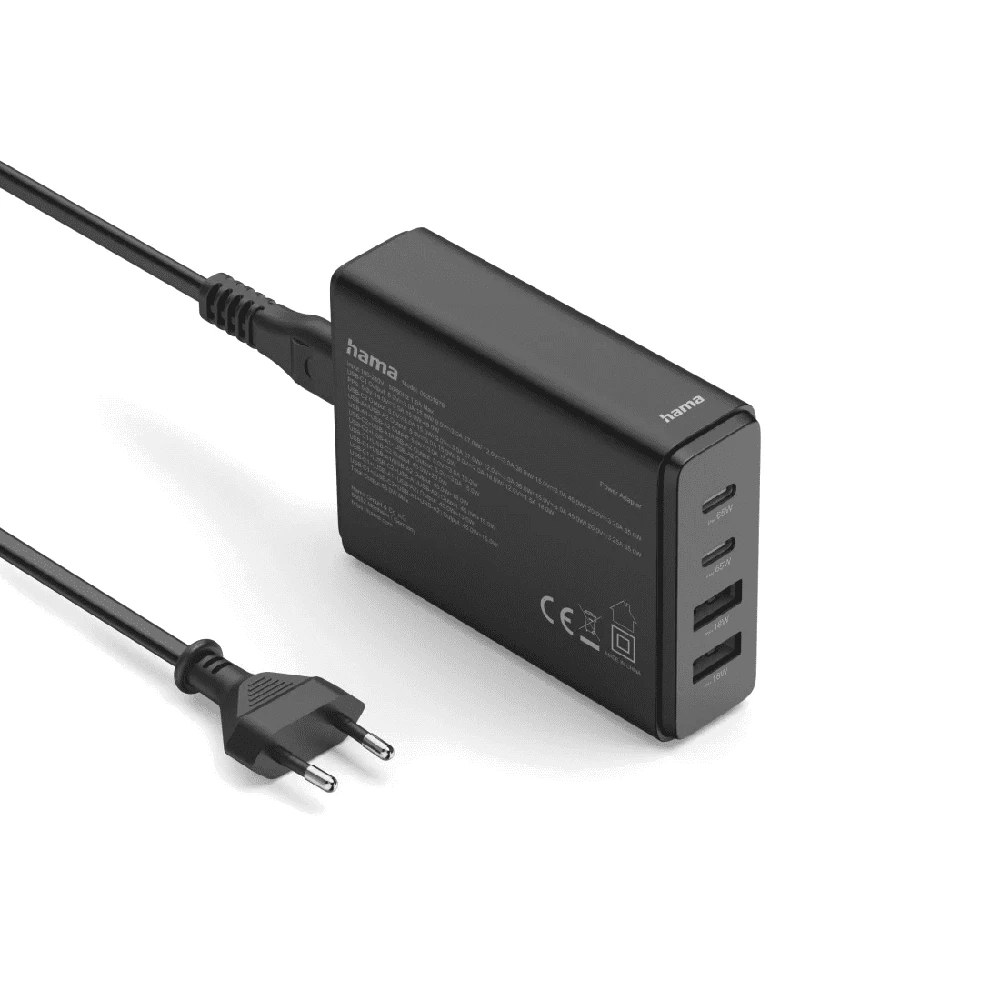 Hama GaN 65W PD/QC 2x USB-C, 2x USB-A juoda