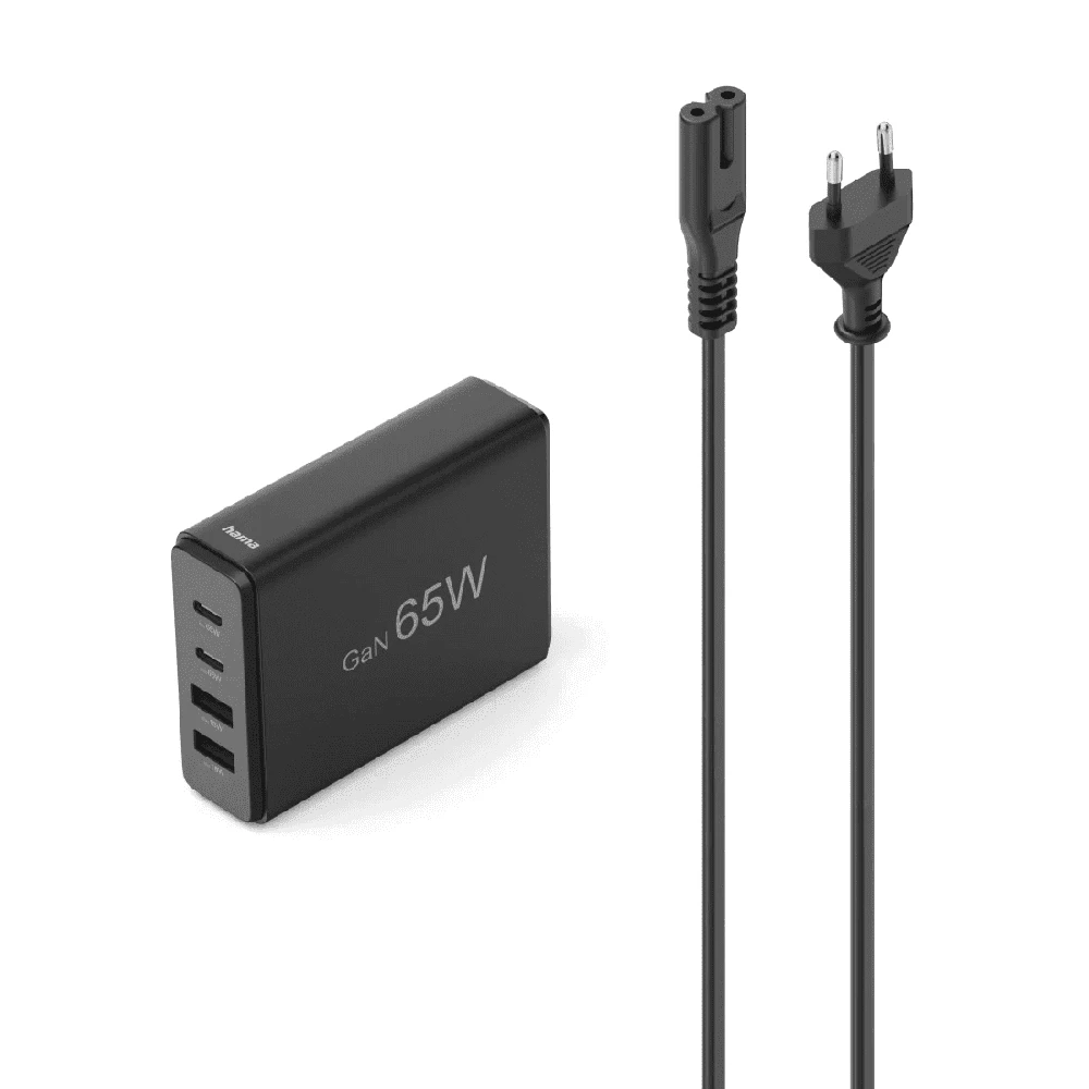 Hama GaN 65W PD/QC 2x USB-C, 2x USB-A juoda