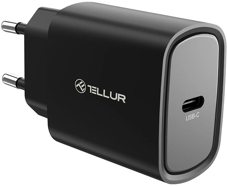 Juodas 20 W USB-C PD sieninis įkroviklis Tellur