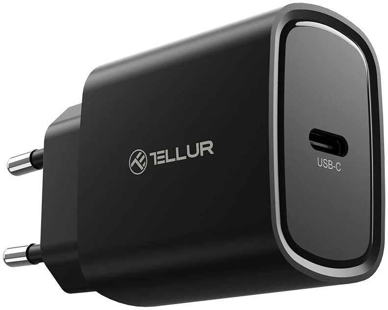 Juodas 20 W USB-C PD sieninis įkroviklis Tellur