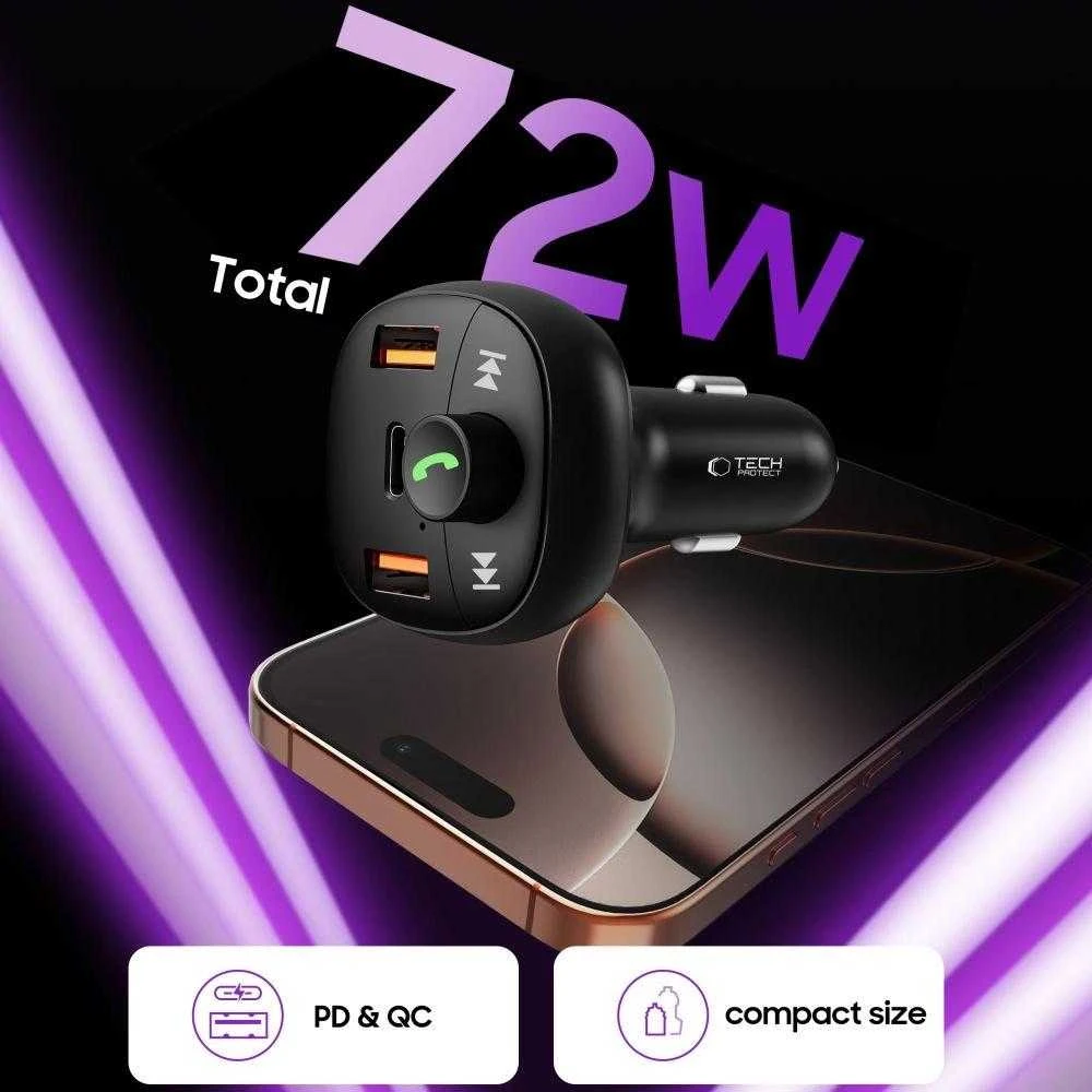 Tech-Protect CC06 3 prievadų PD72W automobilinis įkroviklis su siųstuvu - juodas