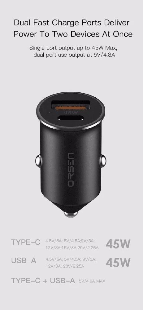 Akumuliatorius Juodas 45W mini automobilinis įkroviklis Orsen C8