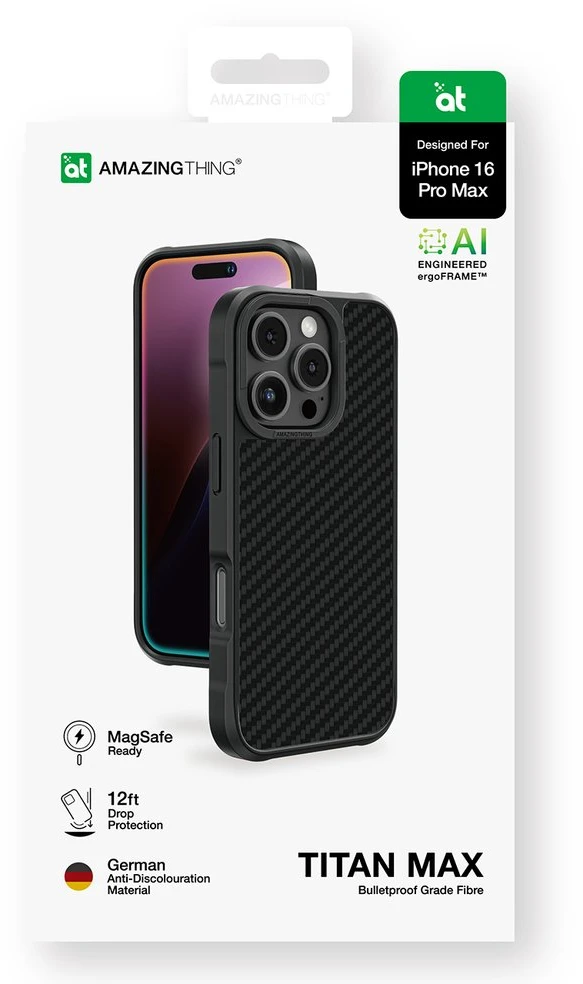 Nezatříděno „AmazingThing Titan Max“ dėklas su 1500D aramidiniu pluoštu, skirtas „iPhone 16 Pro Max“ – Juodas