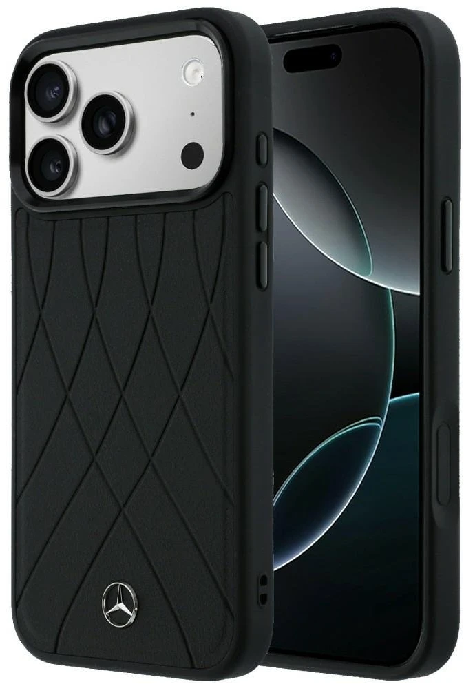 Juodas dėklas Mercedes-Benz Leather with Crossed Lines MagSafe iPhone 17 Pro Max