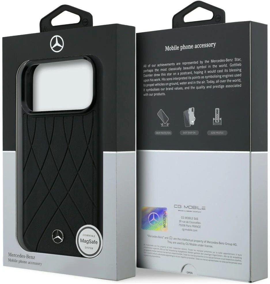 Juodas dėklas Mercedes-Benz Leather with Crossed Lines MagSafe iPhone 17 Pro Max