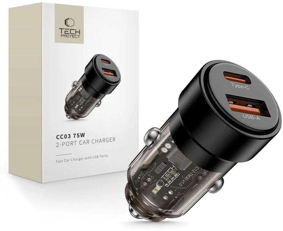 „Tech Protect CC03“ 2 prievadų PD75W automobilinis įkroviklis - juodas