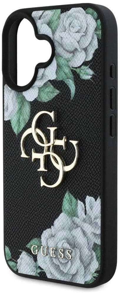 Dėklas Guess Grained Roses Big 4G logo Apple iPhone 16 juodos spalvos