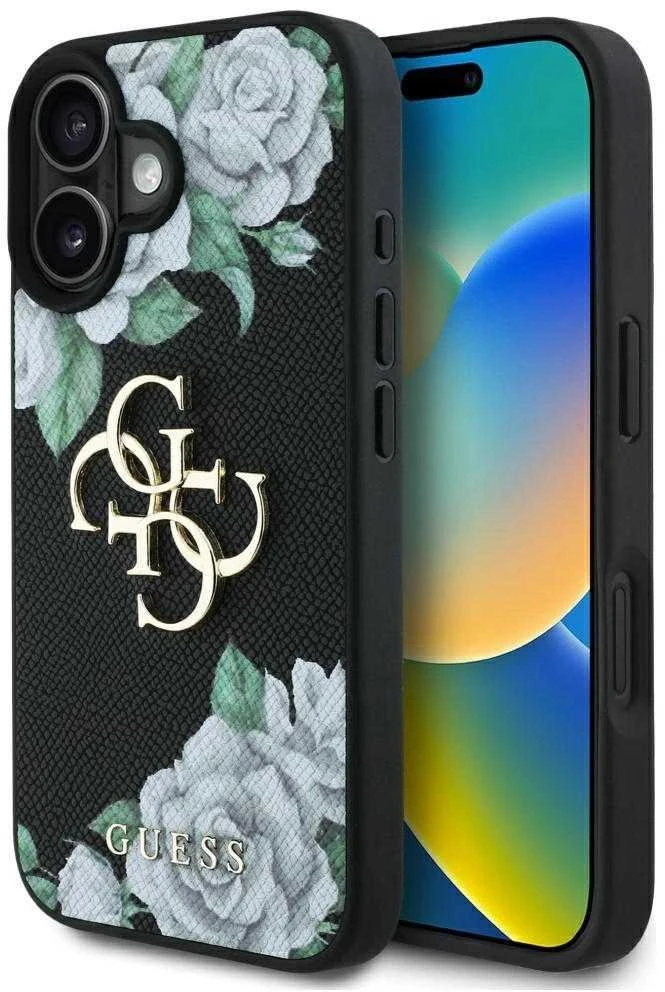 Dėklas Guess Grained Roses Big 4G logo Apple iPhone 16 juodos spalvos