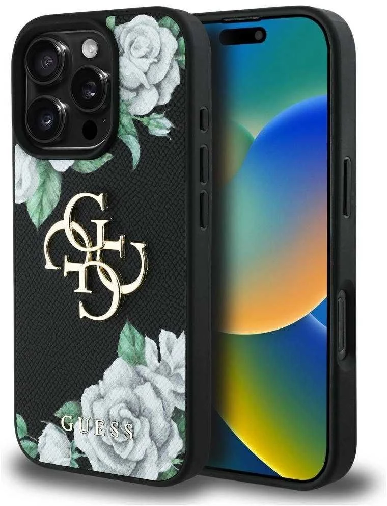 Dėklas Guess Grained Roses Big 4G logo Apple iPhone 16 Pro juodos spalvos