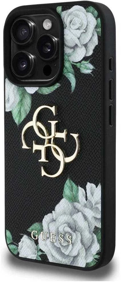 Dėklas Guess Grained Roses Big 4G logo Apple iPhone 16 Pro Max juodos spalvos