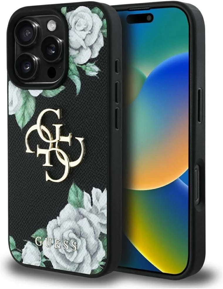 Dėklas Guess Grained Roses Big 4G logo Apple iPhone 16 Pro Max juodos spalvos