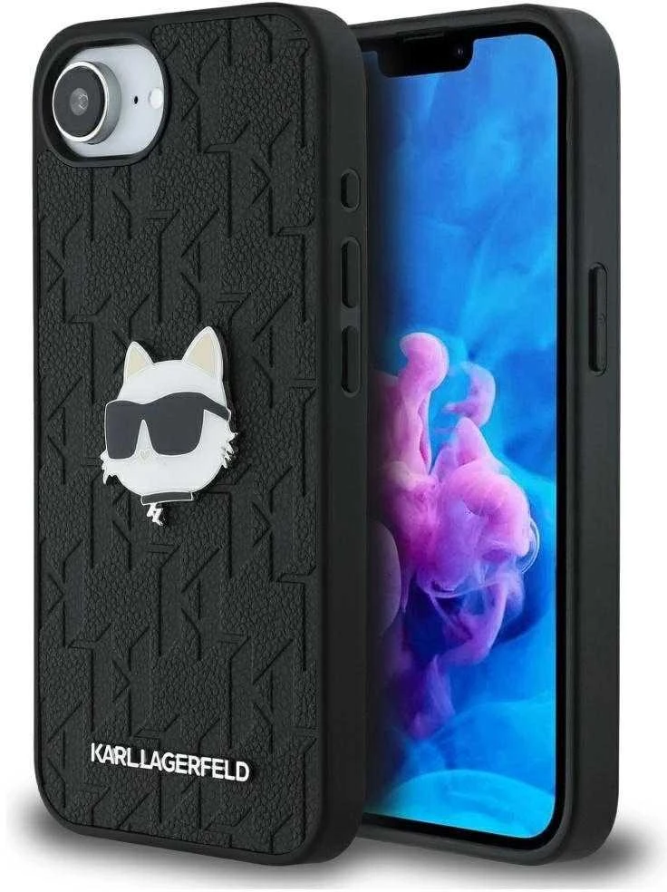 Dėklas Karl Lagerfeld Monogram Choupette Head Pin iPhone 16e Case - Juodas