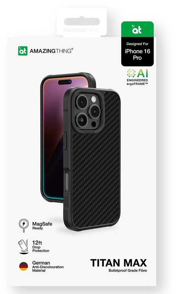 „AmazingThing Titan Max“ dėklas su 1500D aramidiniu pluoštu, skirtas „iPhone 16 Pro“ - Juodas