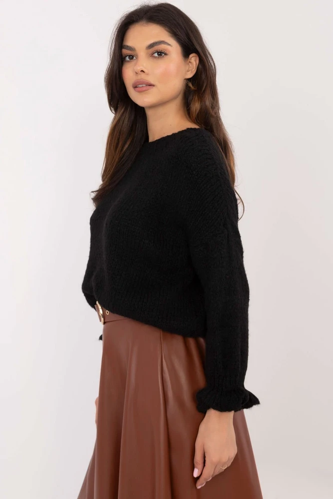Juodas megztinis su raukiniais rankovėse Italy Moda