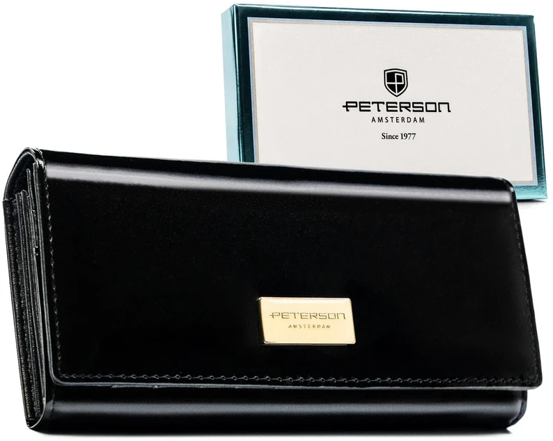 Juodas, poziomy portfel damski ze skóry naturalnej i ekologicznej wyposażony w system RFID - Peterson