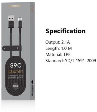 Orsen Juodas USB-A į USB-C laidas, 1 m, 2,1 A