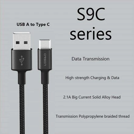 Orsen Juodas USB-A į USB-C laidas, 1 m, 2,1 A