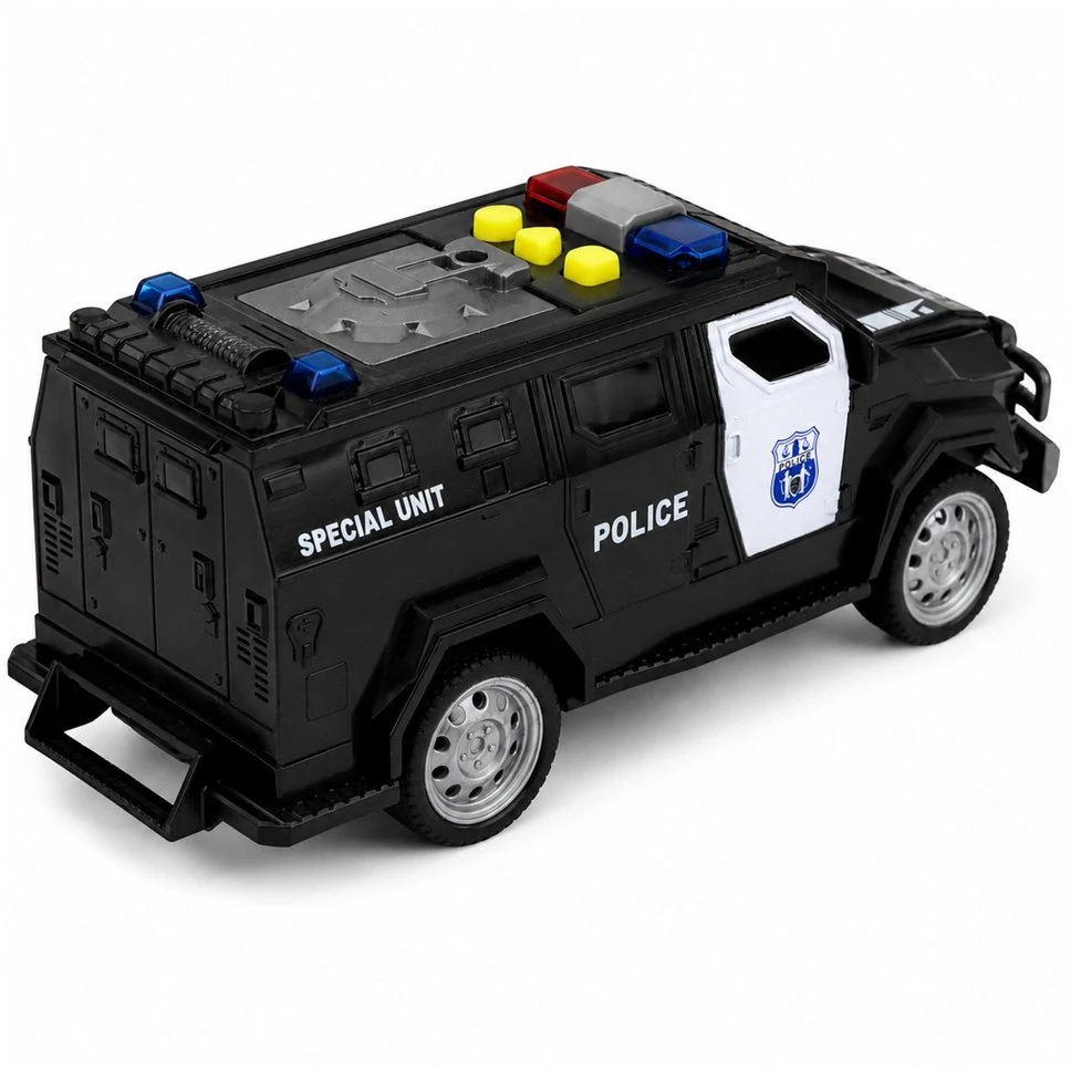 Lean Toys Žaislinis specialiųjų pajėgų policijos automobilis su šviesos ir garso efektais, juodos ir baltos spalvos, 15 × 6,5 × 6,5 cm