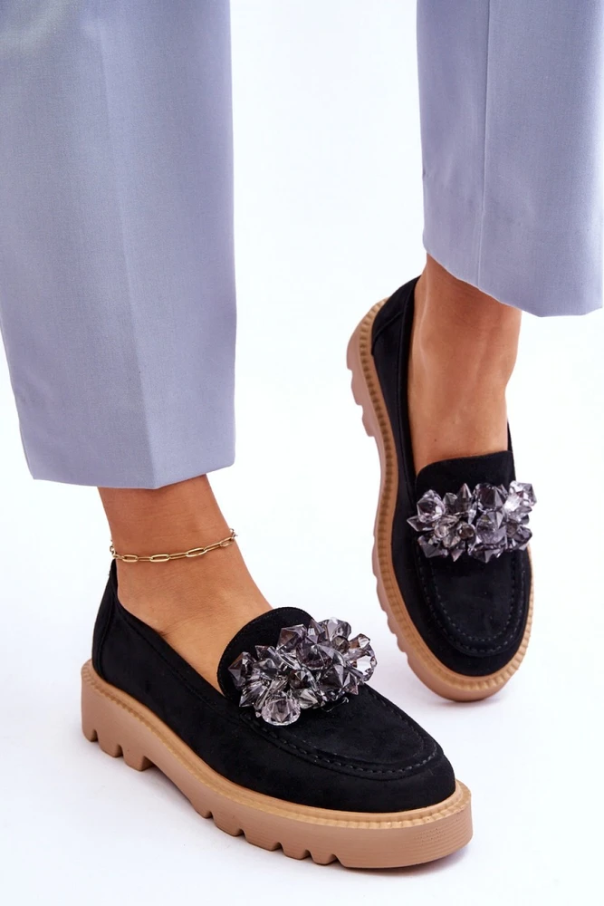 Juodi mokasinai su platforma ir kristalų dekoru Step in style
