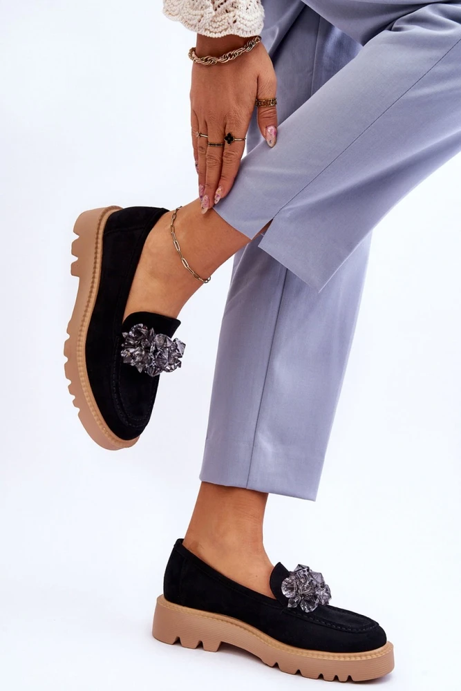 Juodi mokasinai su platforma ir kristalų dekoru Step in style