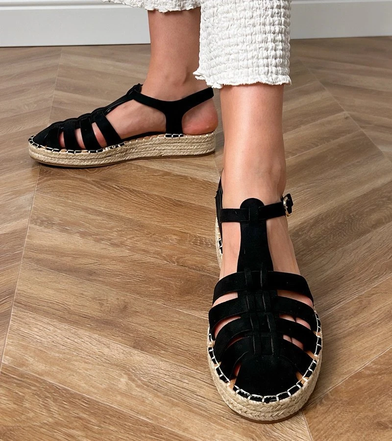 Juodi moteriški espadrilės tipo sandalai iš eko zomšos