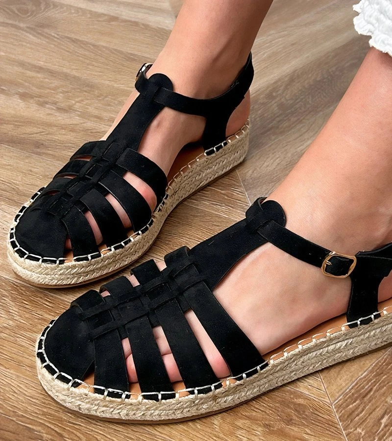 Juodi moteriški espadrilės tipo sandalai iš eko zomšos