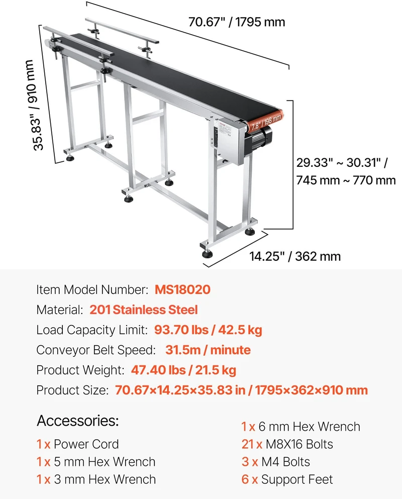 VEVOR Kombinuotas konvejeris 180 cm x 20 cm su motoru