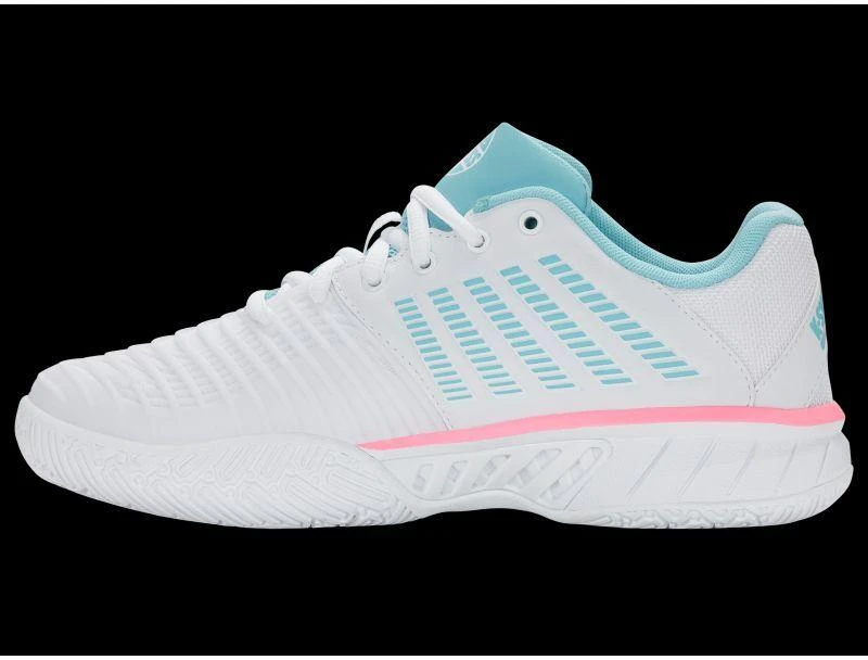 K-swiss EXPRSLIGHT3 HB PADEL balti/švelniai neoniniai mėlyni/neoniniai kramtomosios gumos spalvos sportiniai bateliai (98900-146-M)