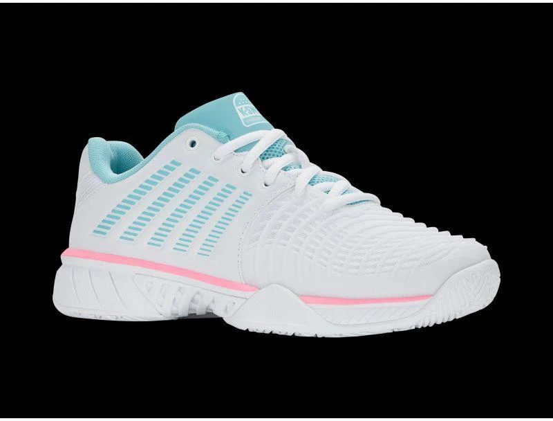 K-swiss EXPRSLIGHT3 HB PADEL balti/švelniai neoniniai mėlyni/neoniniai kramtomosios gumos spalvos sportiniai bateliai (98900-146-M)