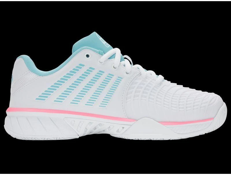 K-swiss EXPRSLIGHT3 HB PADEL balti/švelniai neoniniai mėlyni/neoniniai kramtomosios gumos spalvos sportiniai bateliai (98900-146-M)