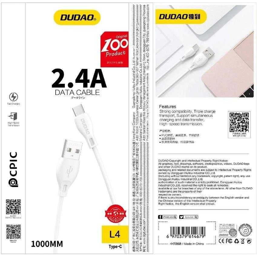 Dudao kabelis USB / Lightning kabelis 2.4A 1m baltos spalvos (L4L 1m baltos spalvos)