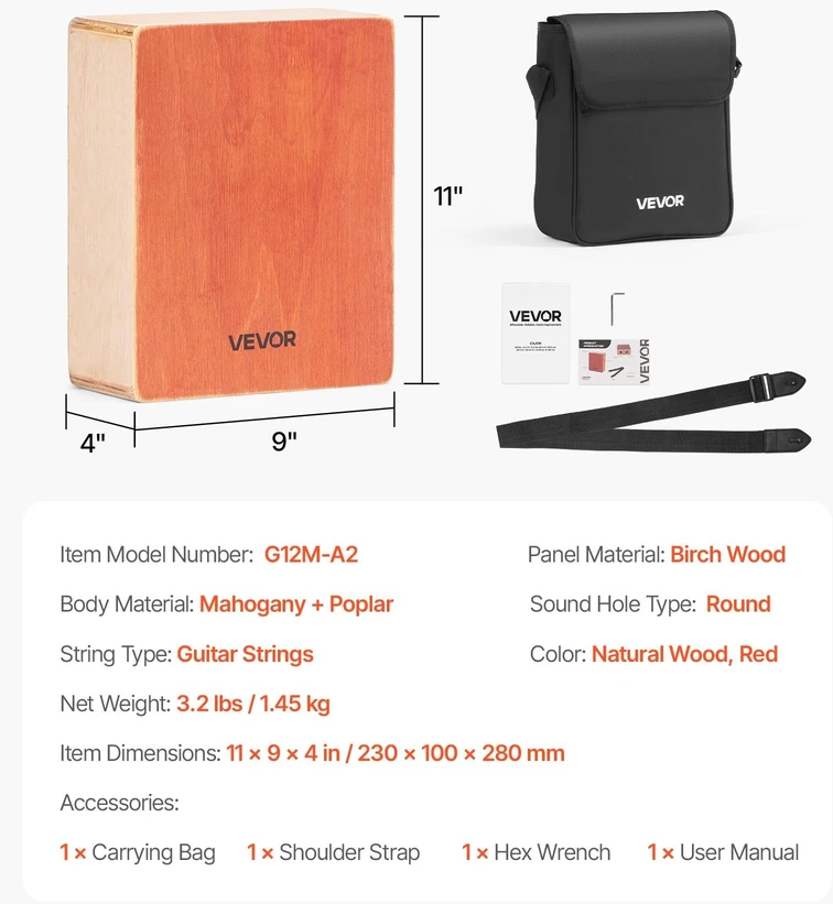 VEVOR Medinė cajon būgnas su gitaros stygomis