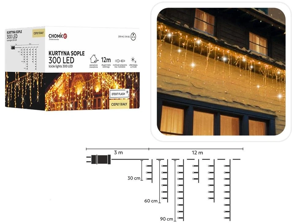 Kalėdinė LED užuolaida/varvekliai, 300 LED, šiltai balta šviesa, 12 m