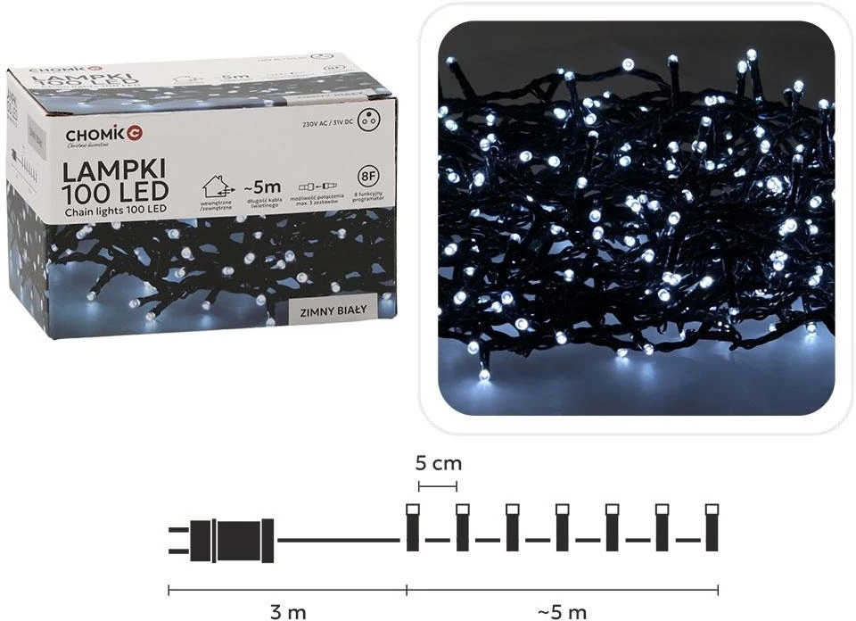 Kalėdinės LED girliandos, 100 LED, šaltai balta šviesa, 5 m