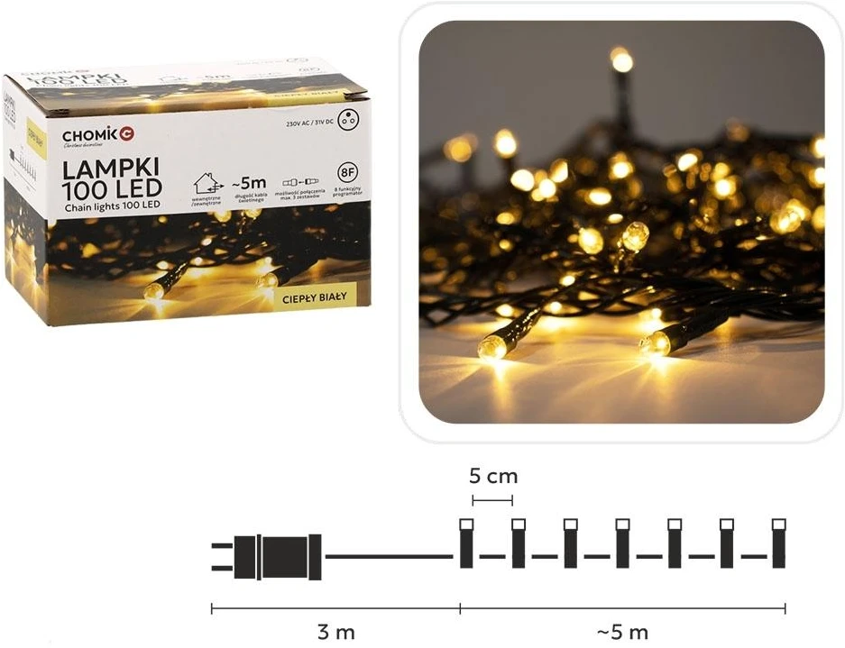 Kalėdinės LED girliandos, 100 LED, šiltai balta šviesa, 5 m