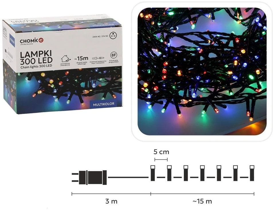 Kalėdinės LED girliandos, 300 LED, daugiaspalvės, 15 m