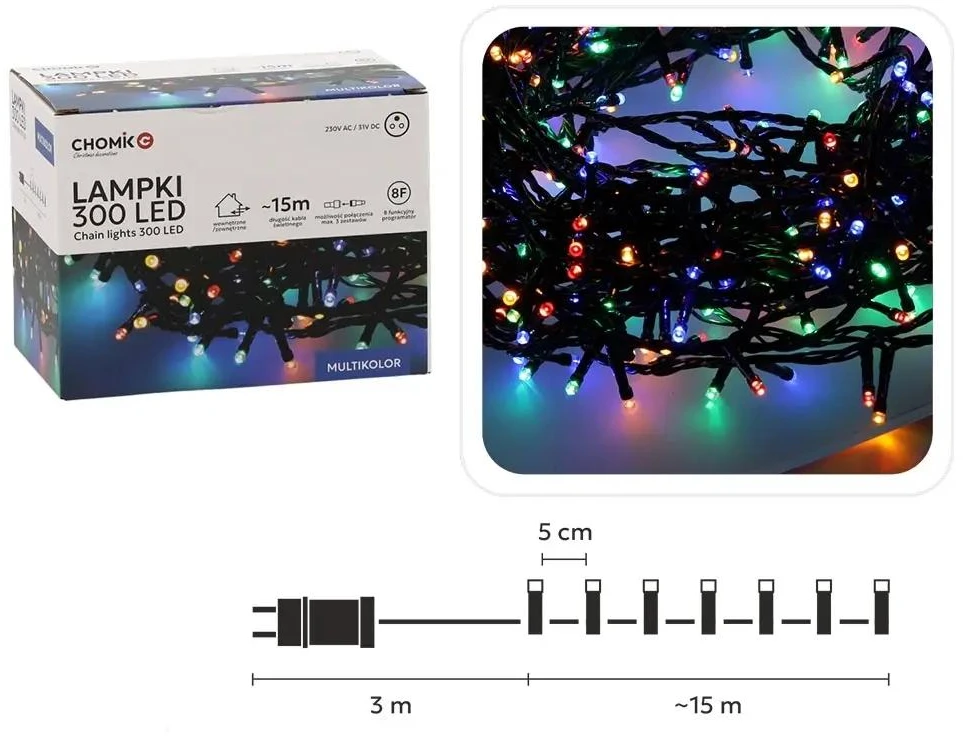 Kalėdinės LED girliandos, 300 LED, daugiaspalvės, 15 m