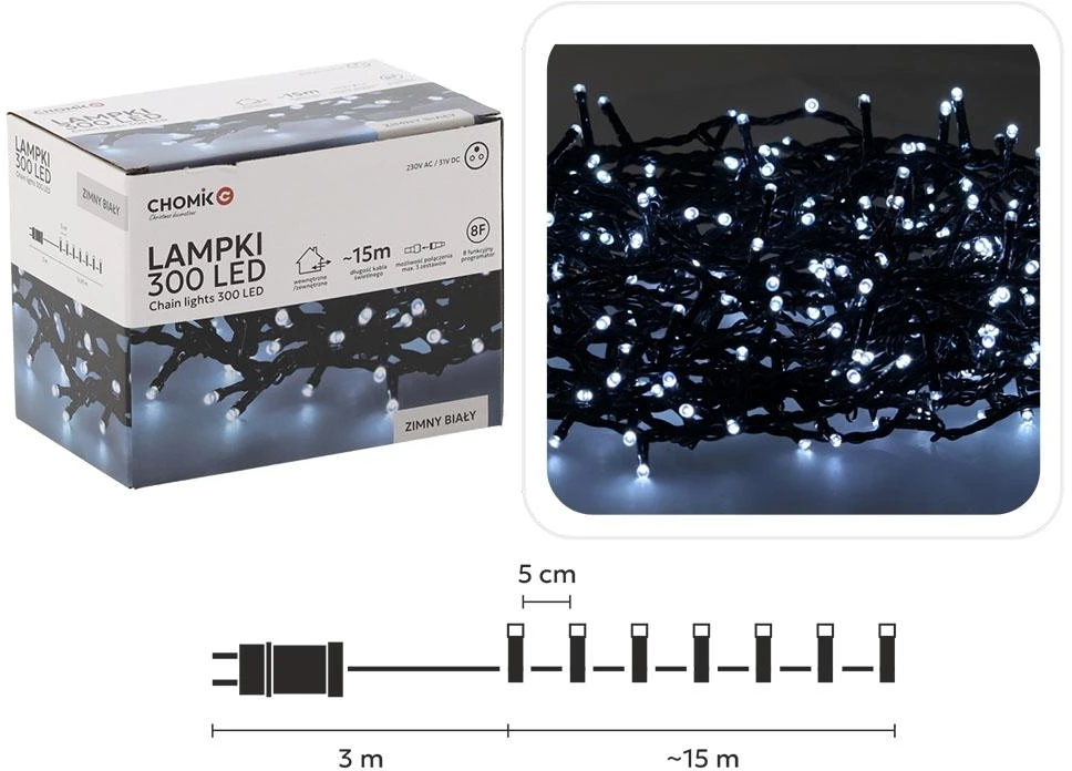 Kalėdinės LED girliandos , 300 LED, šaltai balta šviesa, 15 m
