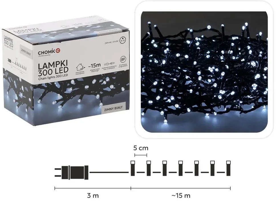 Kalėdinės LED girliandos , 300 LED, šaltai balta šviesa, 15 m